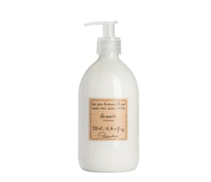 Lavender scented hand and body lotion, in a plastic bottle with a pump. A beige striped label is in the centre, printed with "lait pour les mains et le corps, hand and body lotions, lavande, lavender, 500mL, 16.66 fl oz" and the Lothantique logo at the bottom.