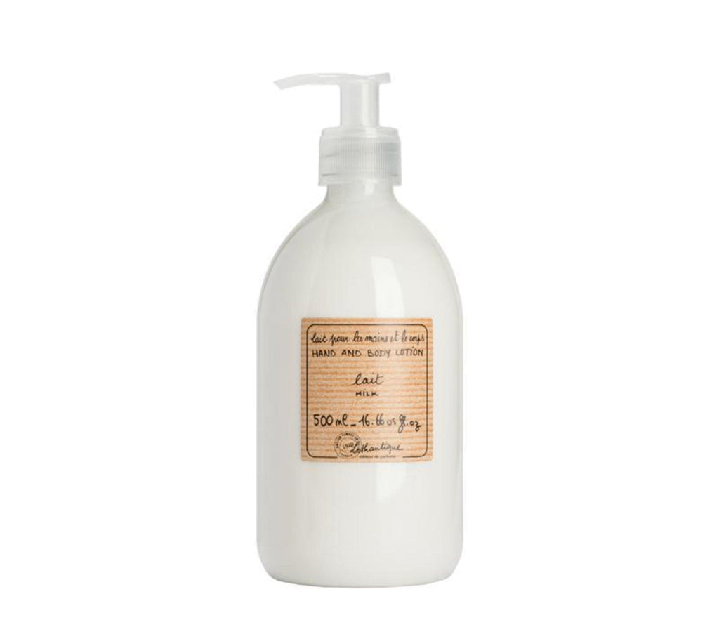 Milk scented hand and body lotion, in a plastic bottle with a pump. A beige striped label is in the centre, printed with "lait pour les mains et le corps, hand and body lotions, lait, milk, 500mL, 16.66 fl oz" and the Lothantique logo at the bottom