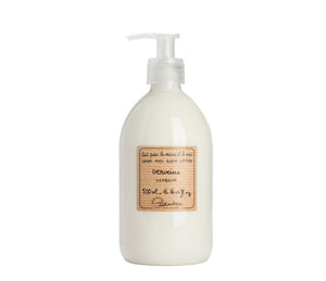 Verbena scented hand and body lotion, in a plastic bottle with a pump. A beige striped label is in the centre, printed with "lait pour les mains et le corps, hand and body lotions, verveine, verbena, 500mL, 16.66 fl oz" and the Lothantique logo at the bottom