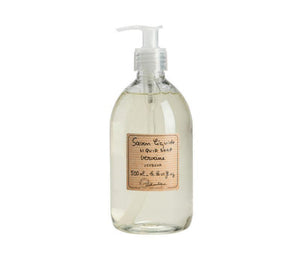 a clear plastic bottle of verbena scented French liquid soap with a white pump. A beige, subtly striped label is printed with the product description and Lothantique logo