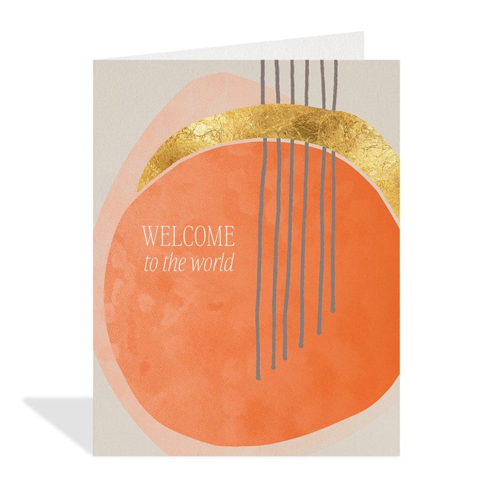 A new baby card with the words "welcome to the world"  and an abstract design in tons of peach, pink, and gold