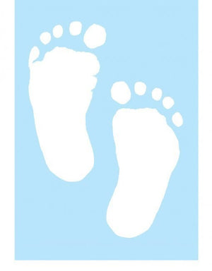 pale blue baby greeting card with white baby footprints 
