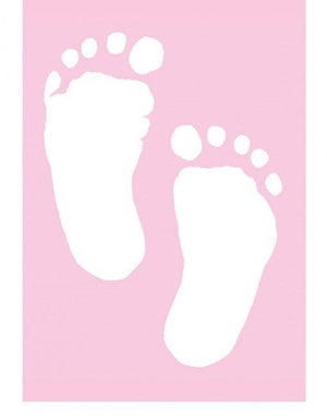 a pale pink greeting card with a print of white baby footprints