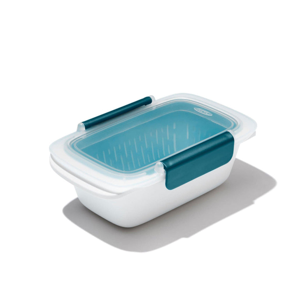a white rectangular container with transparerent lid, blue snap locks, and blue interior colander