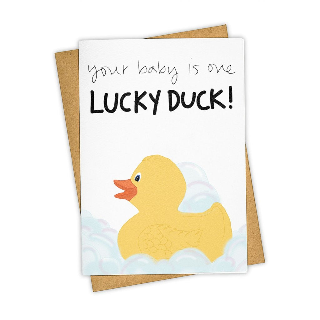 White card with a illustrated yellow rubber ducky, in a bubble bath with wodring saying "Your baby is one lucky duck!"