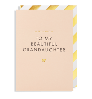 Pink card that reads" Happy birthday to my beautiful grandaughter"