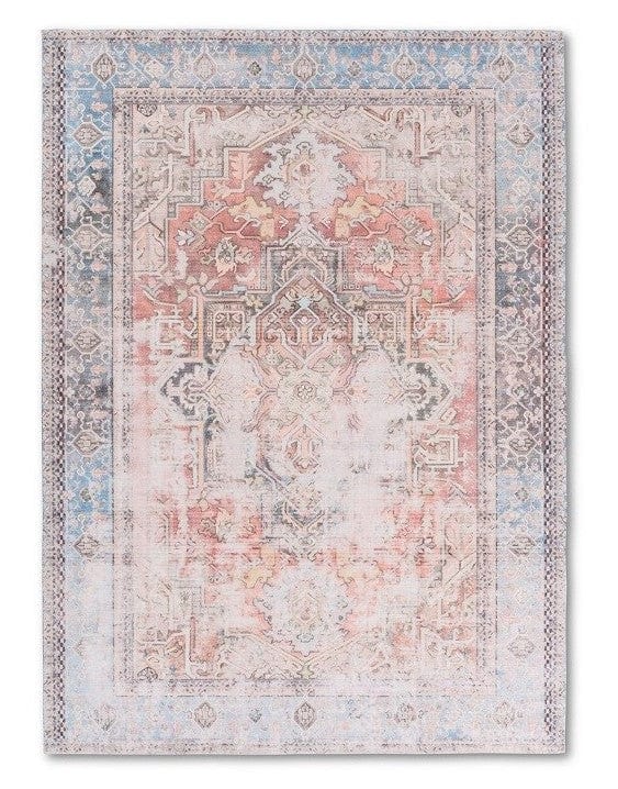 Transitional Distressed Blue & Orange Washable Rug